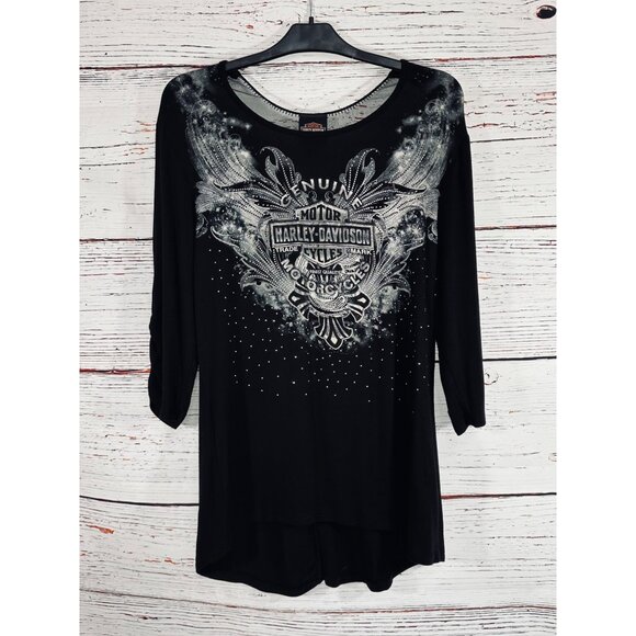 Harley-Davidson Womens Black Genuine Motorcycles Rhinestone & Lace Top Size L Se - Picture 9 of 14